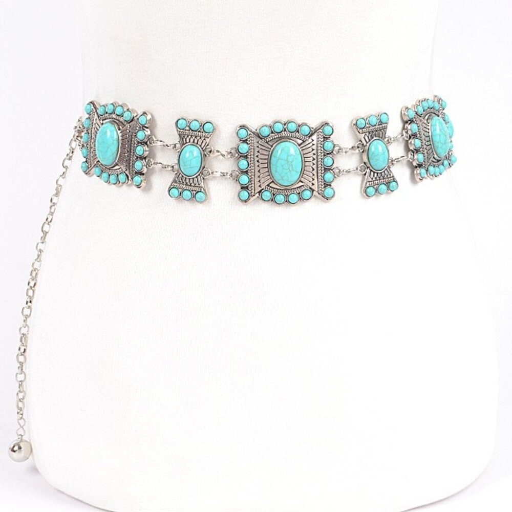 BNWT Turquoise Western Inspired Chain Belt Stone Chain Belt
